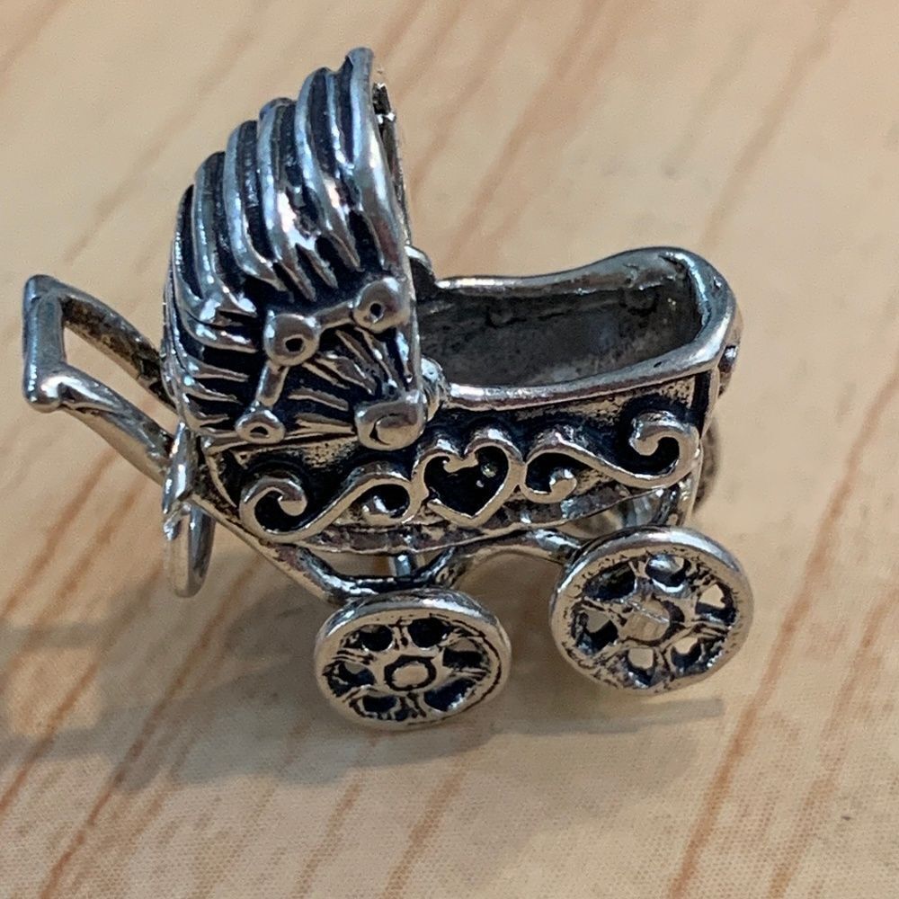 .925 Vintage Baby Carriage Moveable Sterling Silver Jewelry Charm